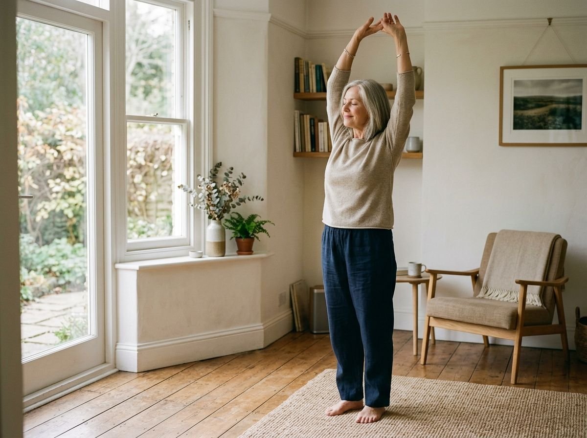An older woman stretching gently at home