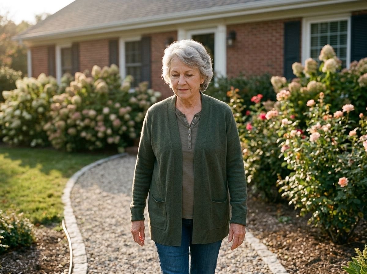 An older woman walking in a garden in late afternoon light