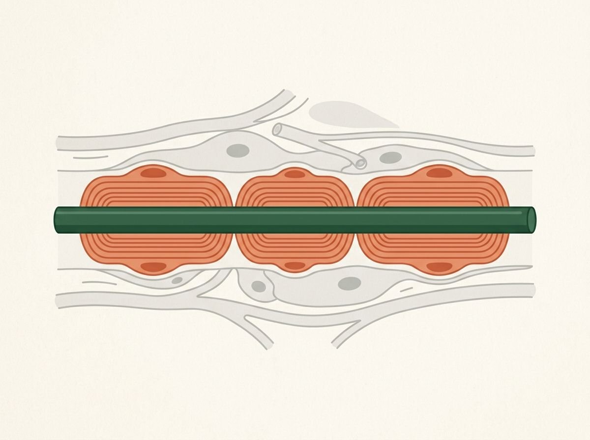 Simplified illustration of a nerve fibre and its myelin sheath