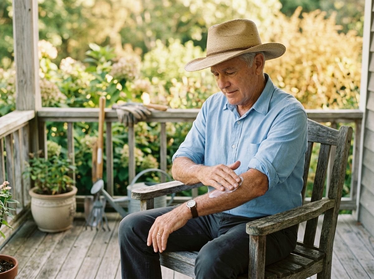 An older man applying sunscreen on a porch