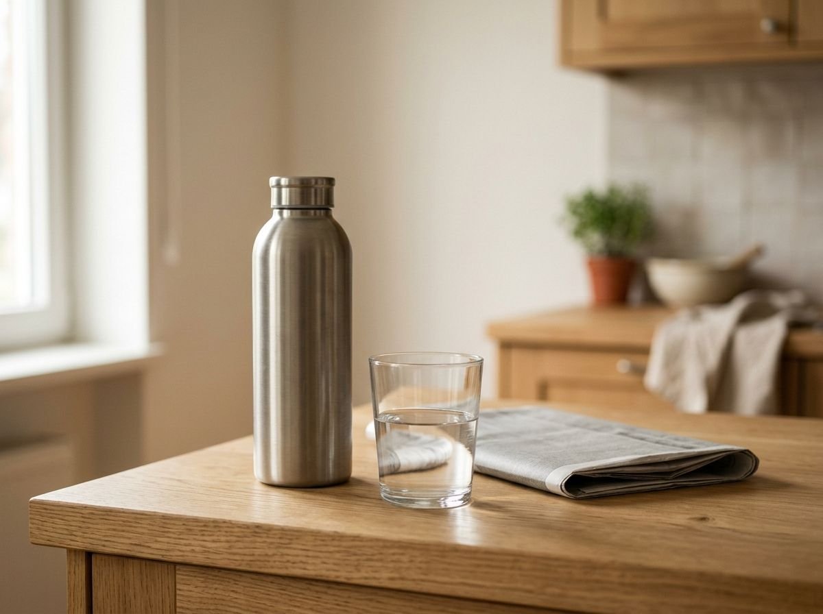 A reusable water bottle on a kitchen counter